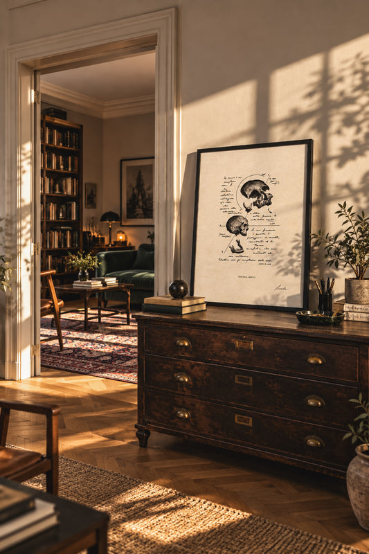 Framed Anatomia Mentis Studio print leaning on a wooden chest in a sunlit study, with a library visible through a doorway.