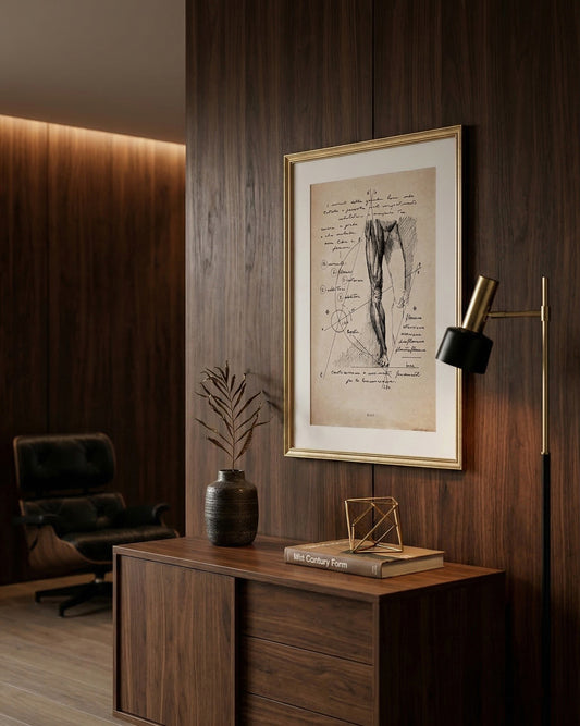 Stampa d'arte anatomica di Lorenzo Caia esposta in un ufficio elegante con boiserie in legno e illuminazione di design.