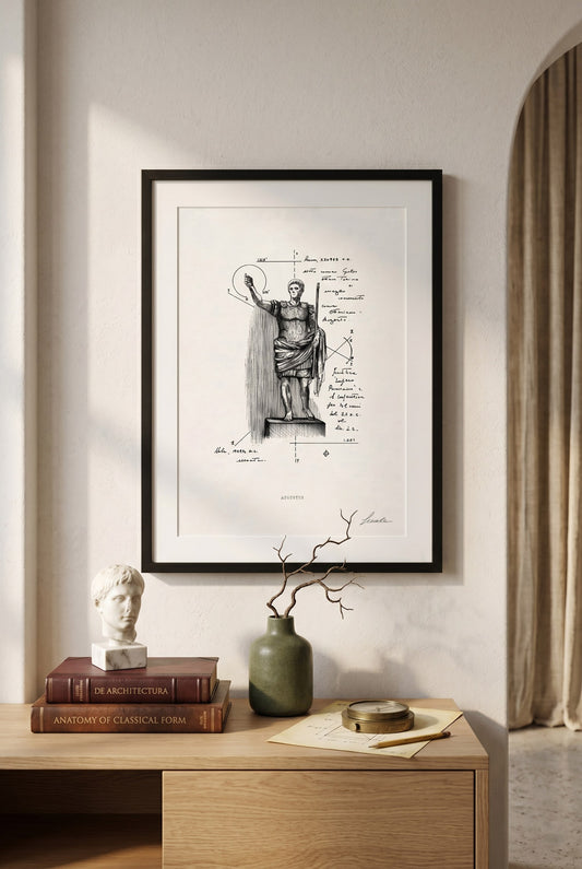 Framed print Augustus in a modern living room above a cabinet - fine art wall art | Lorenzo Caia
