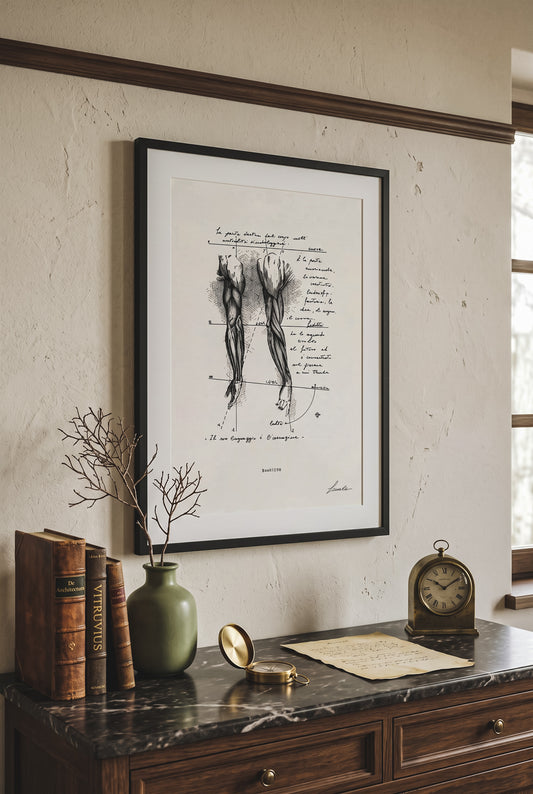 Framed print Brachium on wall above classic marble console with vintage items - fine art wall art | Lorenzo Caia
