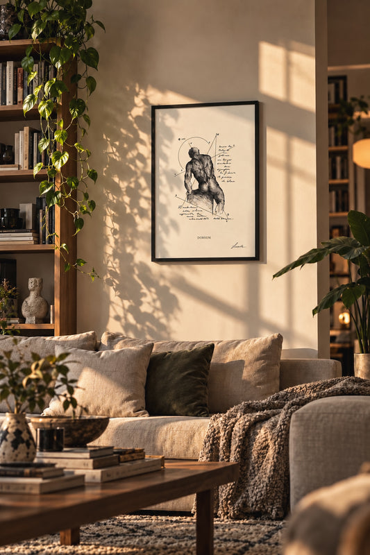 Stampa anatomica Dorsum incorniciata sulla parete sopra un divano beige, con libreria, piante e luce calda del sole.