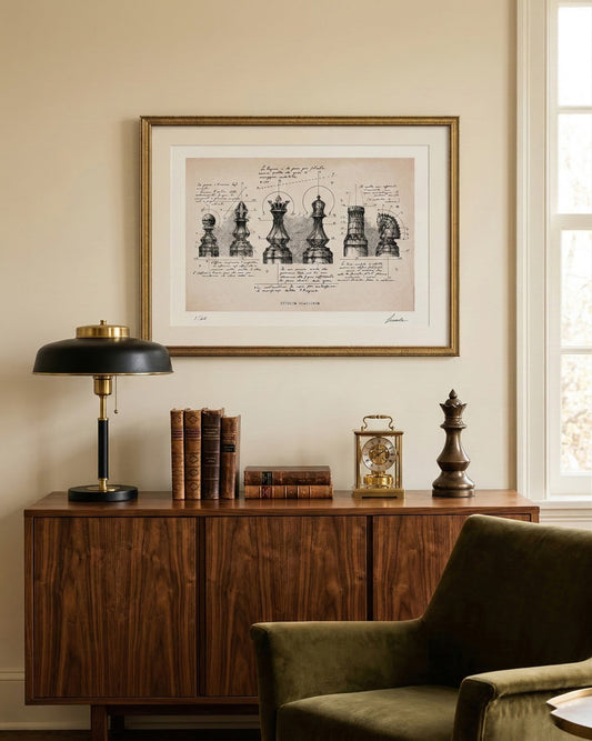 Stampa d'arte di Lorenzo Caia incorniciata e appesa sopra un mobile di design, ideale per arredare studi professionali o abitazioni eleganti in stile archivio