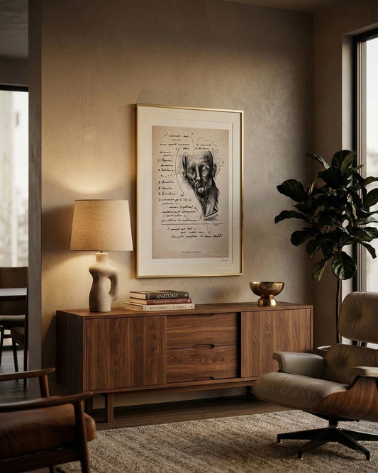 Quadro anatomico di Lorenzo Caia appeso sopra un mobile in legno in un salotto moderno ed elegante con illuminazione calda.