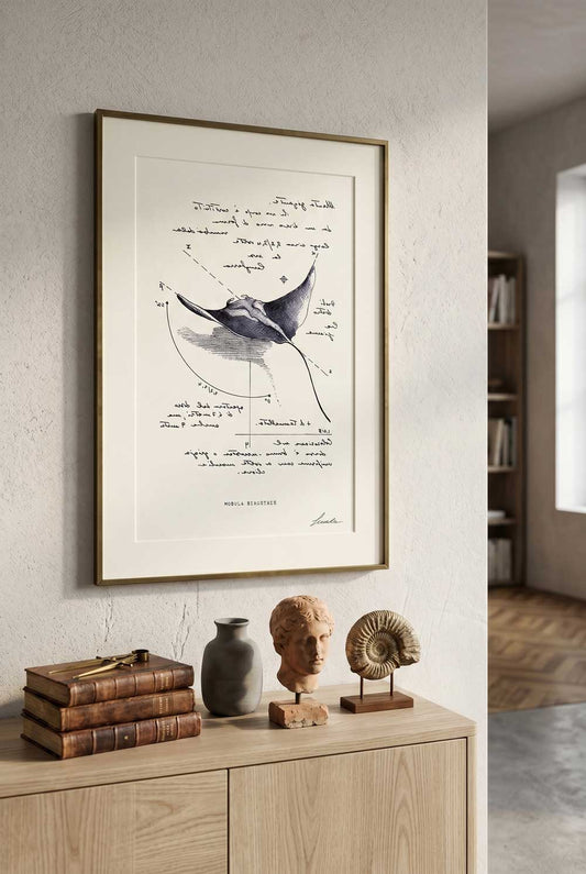 Framed Mobula Birostris print in a modern living room - fine art wall art for home decor | Lorenzo Caia