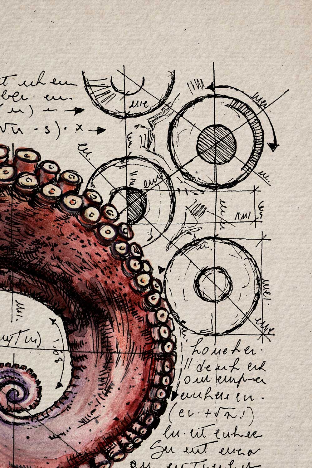 Ink detail Polypus Codex - fine line work and shading of the octopus tentacle, illustration on ivory paper | Lorenzo Caia