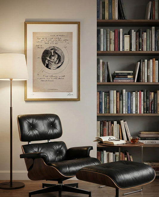 Stampa fine art "Studium Minotauri" incorniciata in oro, posizionata in uno studio di psicoterapia o biblioteca privata con poltrona Eames Lounge Chair, libreria piena di saggi e luce soffusa.