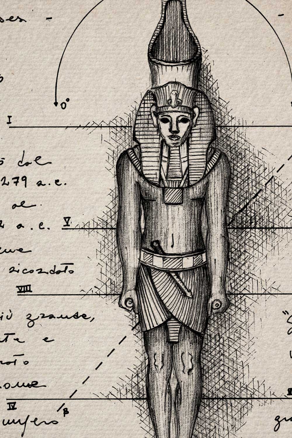 Ink detail Ramses II - fine cross hatching on ivory paper, historical illustration | Lorenzo Caia