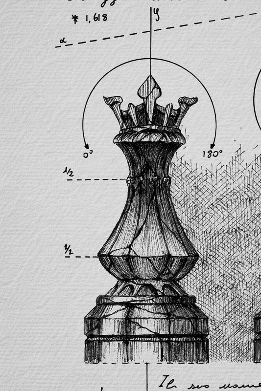 Ink detail Rex & Regina - dense crosshatching on the chess queen, white paper illustration | Lorenzo Caia