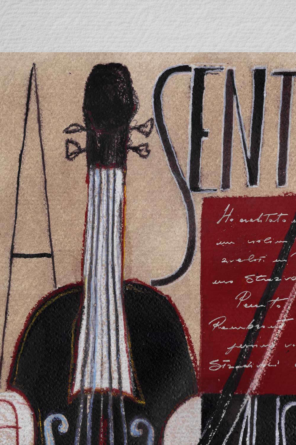 Ink detail Senti la musica - close-up of the violin neck and manuscript text, illustration on paper | Lorenzo Caia