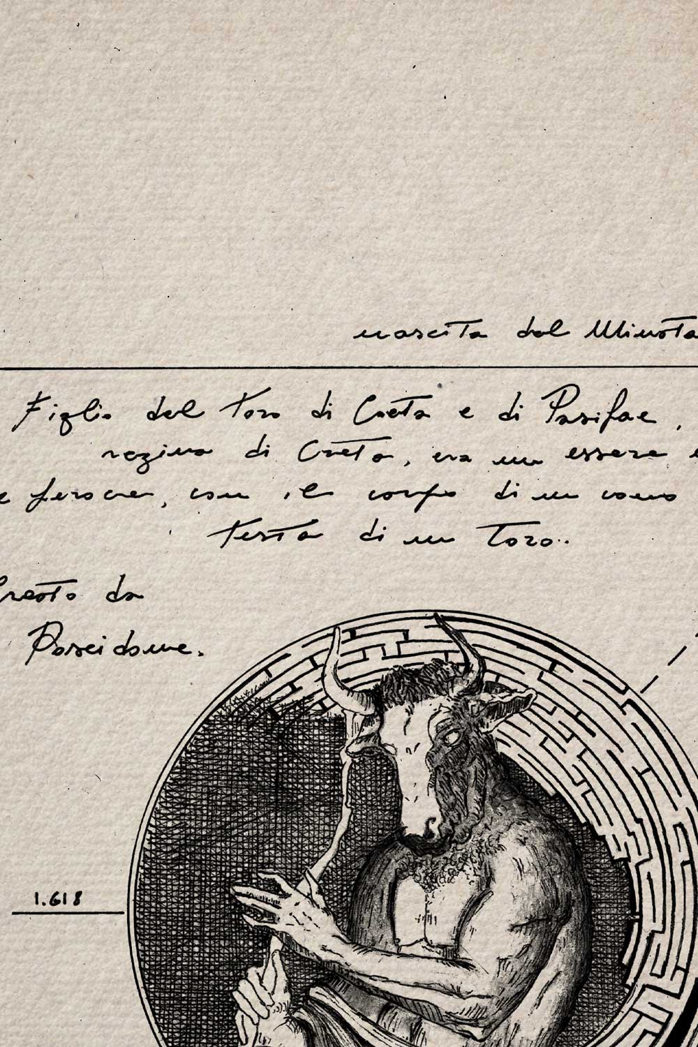 Ink detail Studium Minotauri - fine line work of the mythological labyrinth on textured ivory paper | Lorenzo Caia