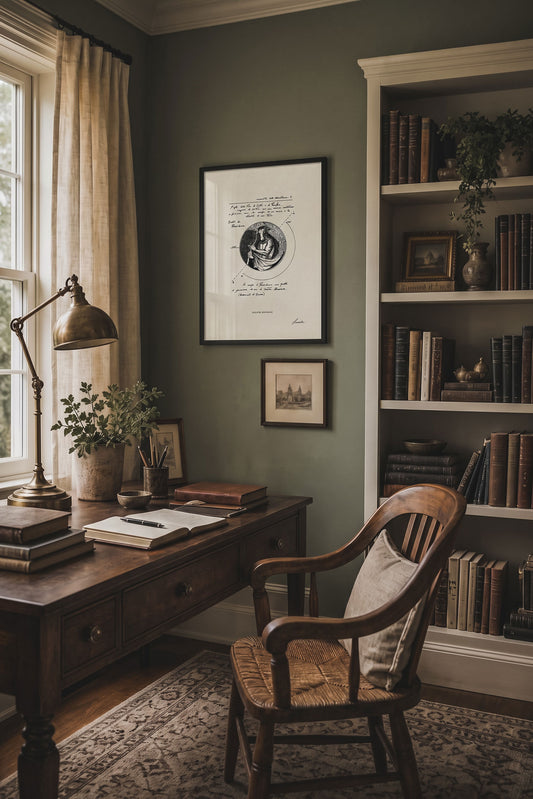 Framed print Studium Minotauri in home study above wooden desk - fine art wall art | Lorenzo Caia