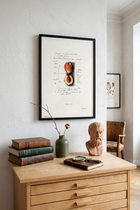 Framed print Symbolum Vitae in a bright living room above a wooden chest - fine art wall art | Lorenzo Caia