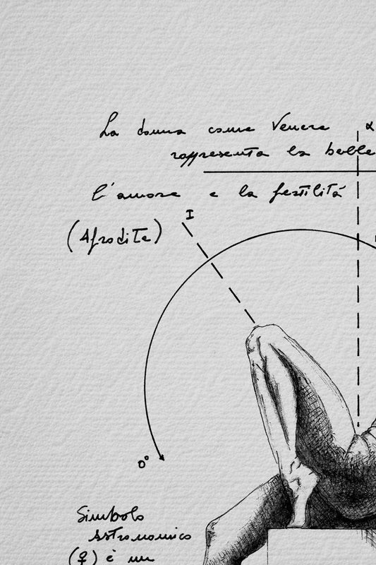 Ink detail Veneris - calligraphy and geometric diagram on bright white paper | Lorenzo Caia