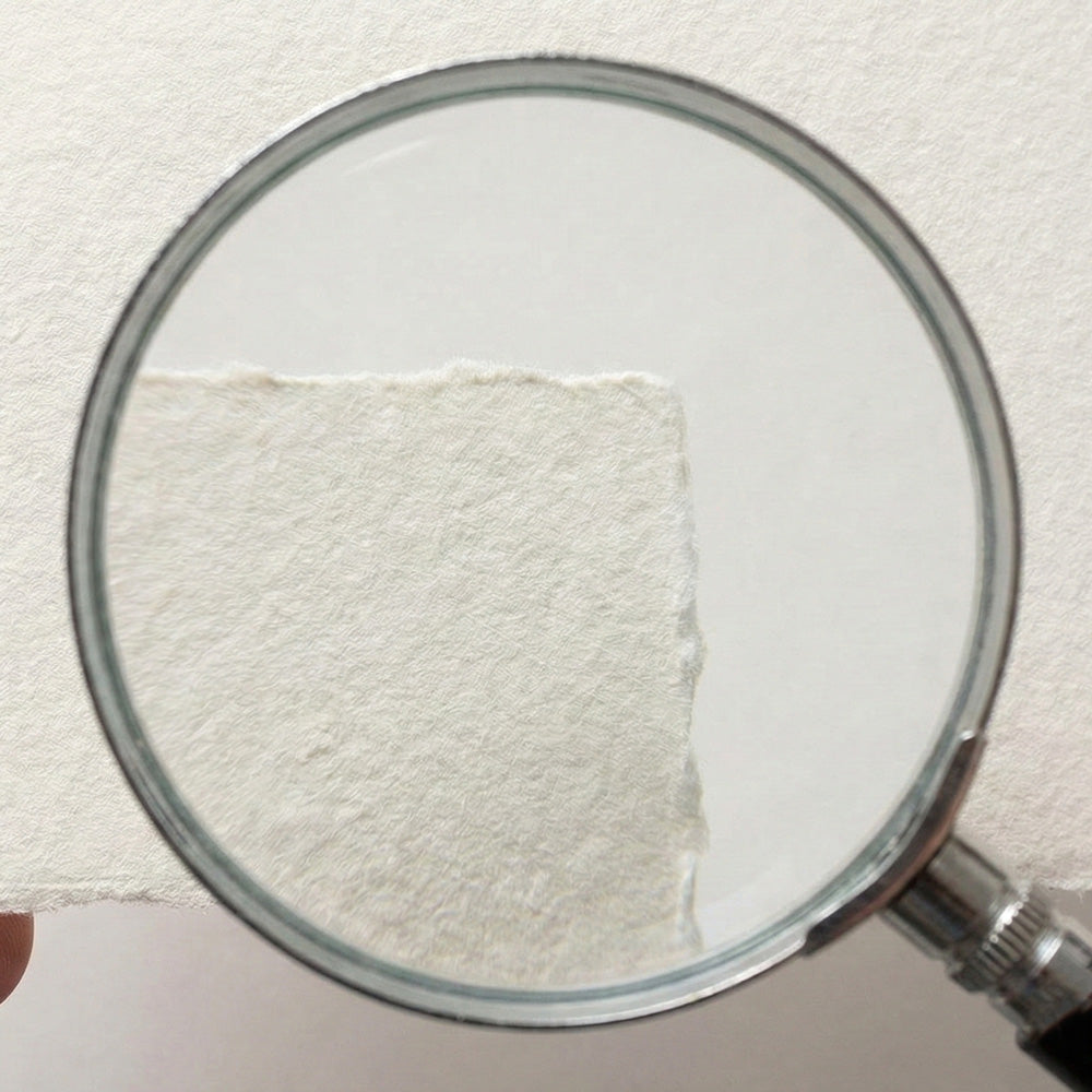 Dettaglio carta fine-art 250g con texture materica e logo impresso per stampe d'arte da galleria