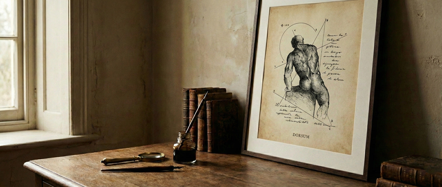 Stampa d'arte anatomica Dorsum di Lorenzo Caia incorniciata su scrivania vintage con pennino e inchiostro - Edizione Limitata Fine Art per arredamento studio