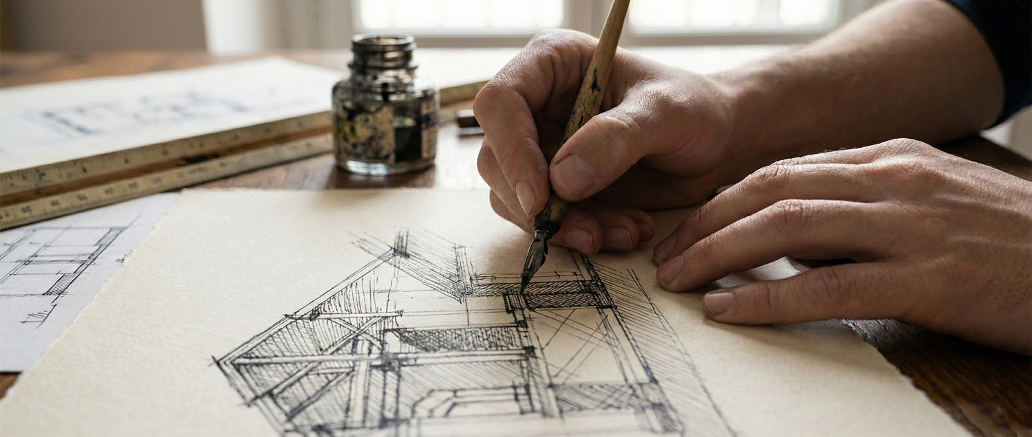 dettaglio-mani-lorenzo-caia-disegno-tecnico-pennino-carta-fine-art