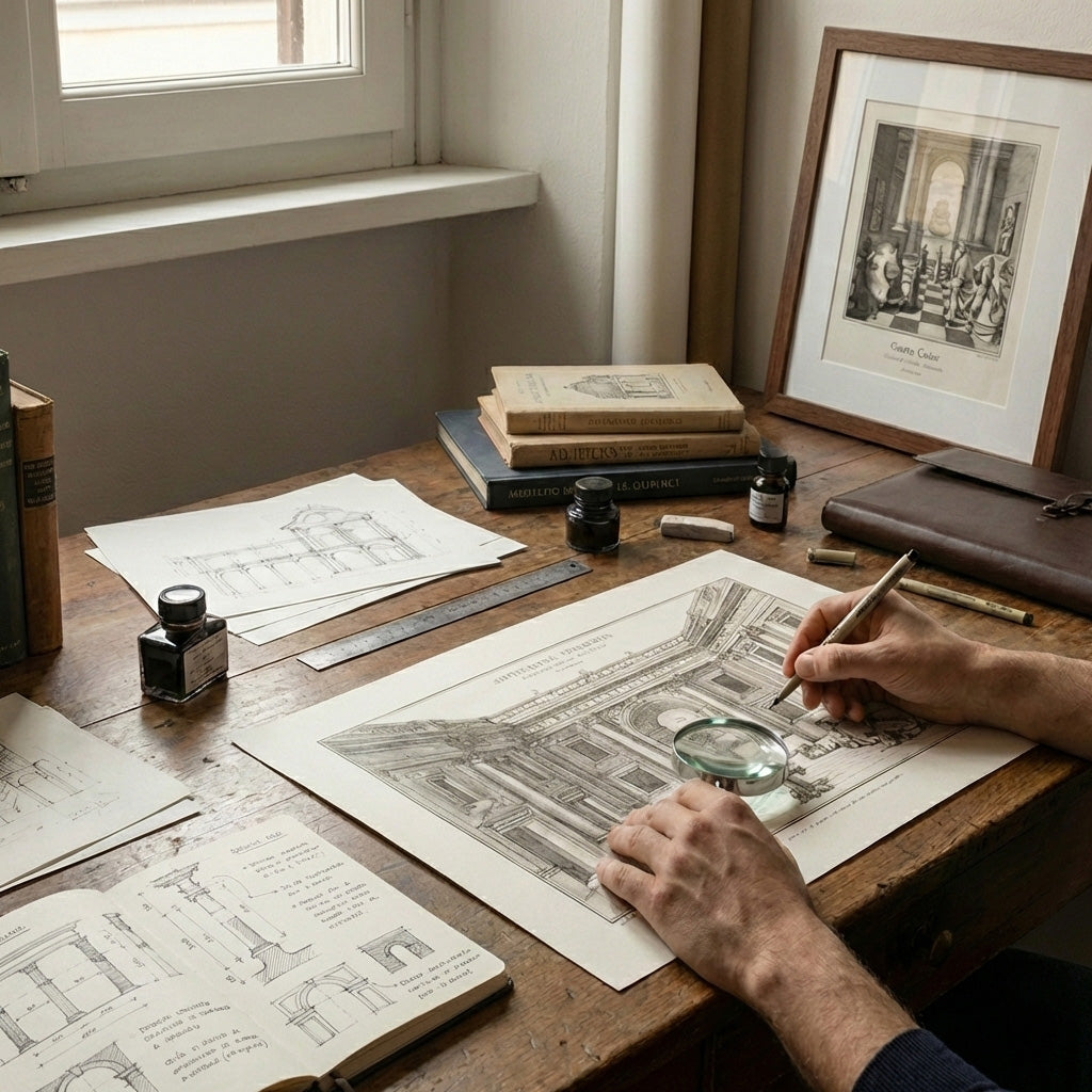 Il processo creativo nel mio studio: mani dell'artista Lorenzo Caia che lavorano su un dettagliato disegno architettonico utilizzando pennino, inchiostro di china e lente d'ingrandimento. La scrivania vintage è circondata da schizzi, libri antichi e un'opera incorniciata, a testimonianza dell'artigianalità delle stampe.
