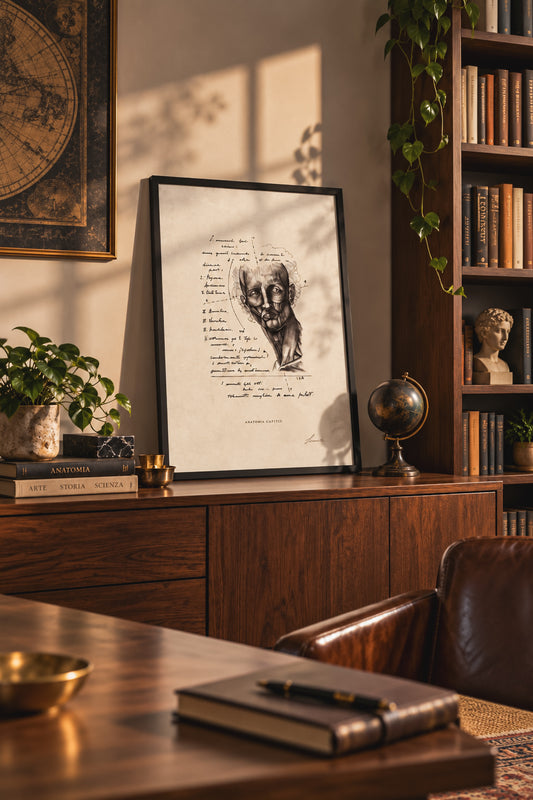 Framed Anatomia Capitis Studio print resting on a wooden cabinet beside books and a globe in a sunlit study.
