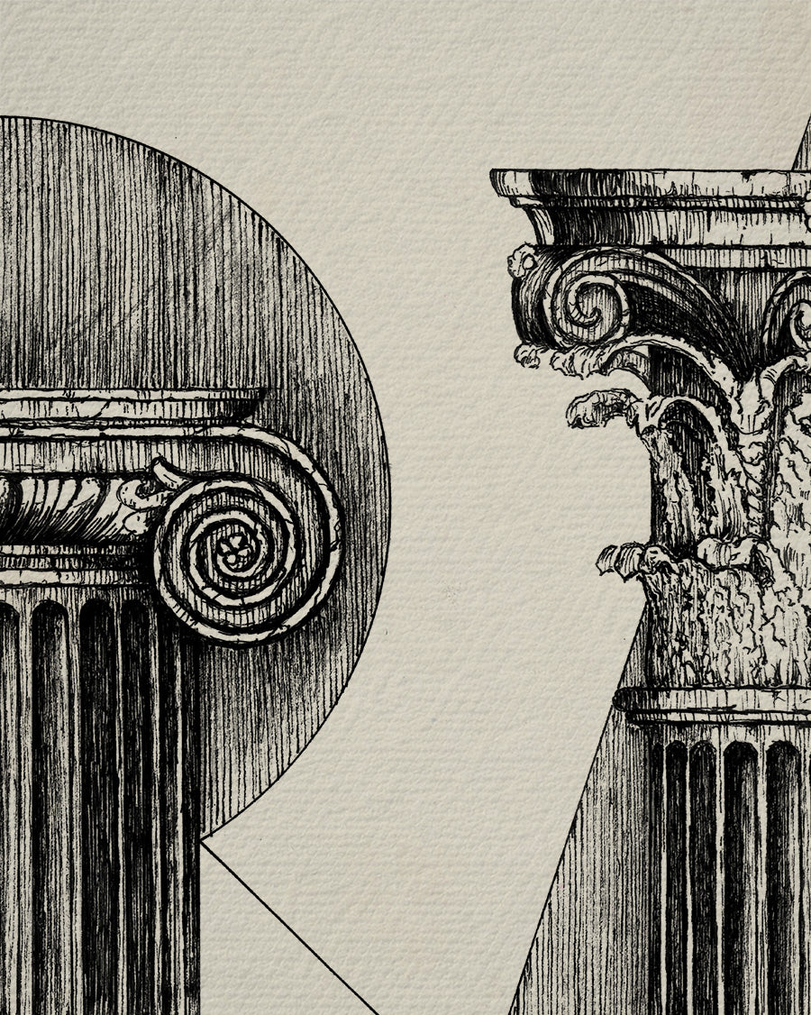Dettaglio della stampa d’arte Architettura Classica su carta avoriata, texture della carta e tratto inciso visibili