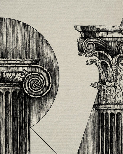 Dettaglio della stampa d’arte Architettura Classica su carta avoriata, texture della carta e tratto inciso visibili