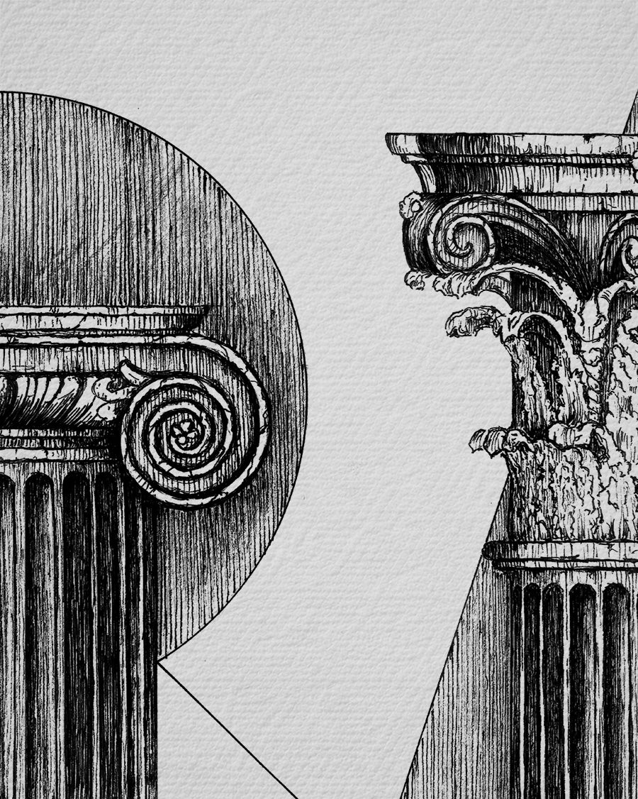 Dettaglio della stampa d’arte Architettura Classica su carta bianca, qualità del segno e della stampa fine art