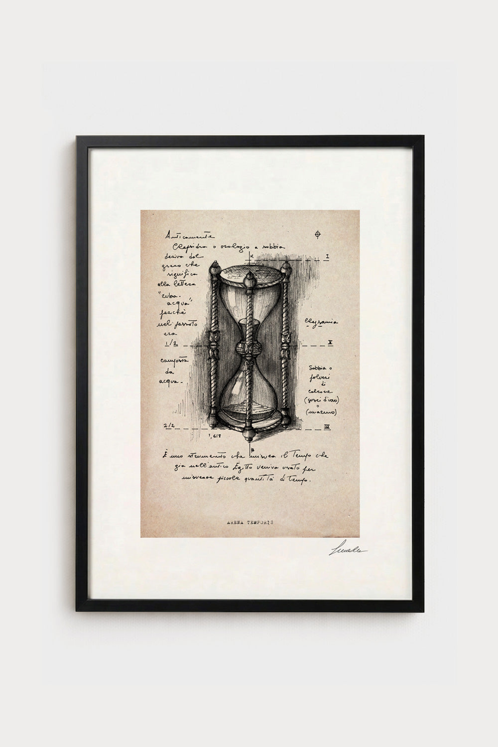 Ink illustration Arena Temporis on ivory background - archival fine art print, hourglass sketch | Lorenzo Caia