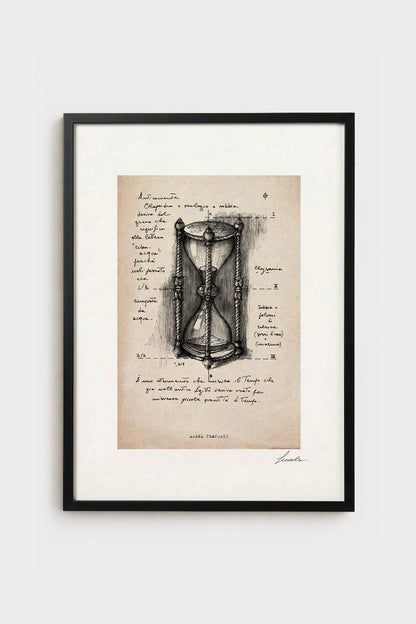 Ink illustration Arena Temporis on ivory background - archival fine art print, hourglass sketch | Lorenzo Caia