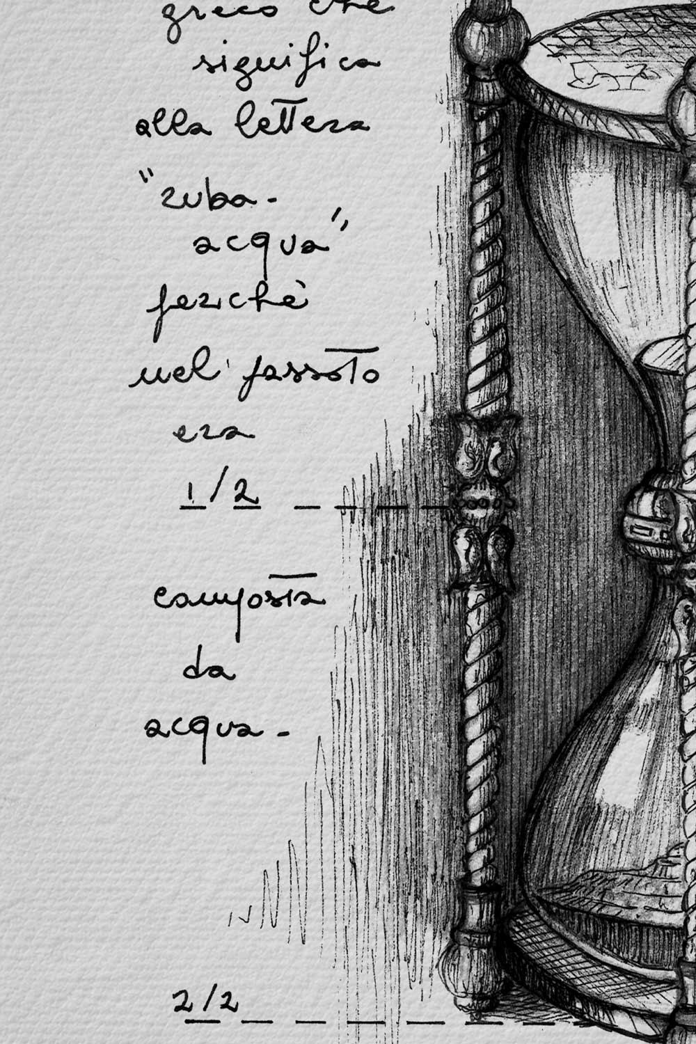 Ink detail Arena Temporis - calligraphic handwriting on white fine art paper, sharp line work | Lorenzo Caia