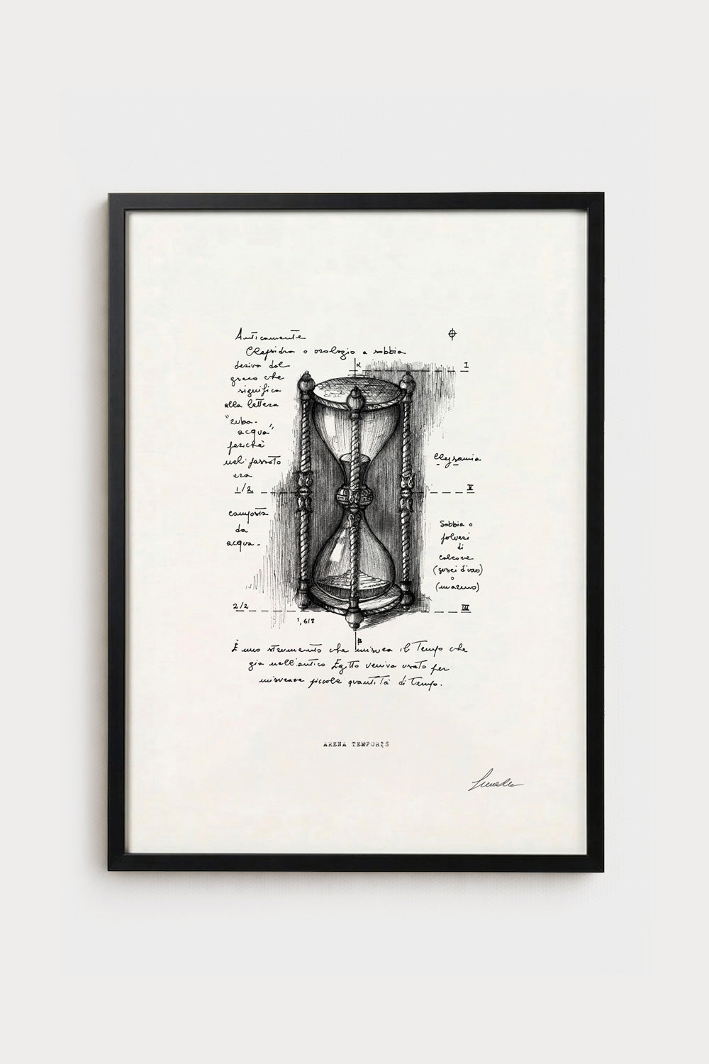 Ink illustration Arena Temporis - fine art print on white background, hourglass diagram design | Lorenzo Caia