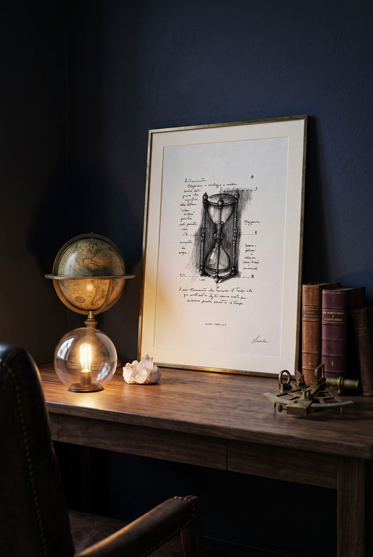 Framed print Arena Temporis on a wooden desk next to a vintage globe lamp - fine art wall art | Lorenzo Caia
