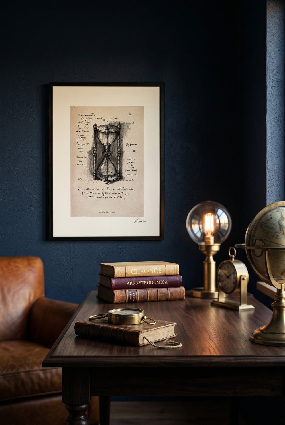 Framed print Arena Temporis on a dark blue wall above a study desk with books and a compass - fine art | Lorenzo Caia
