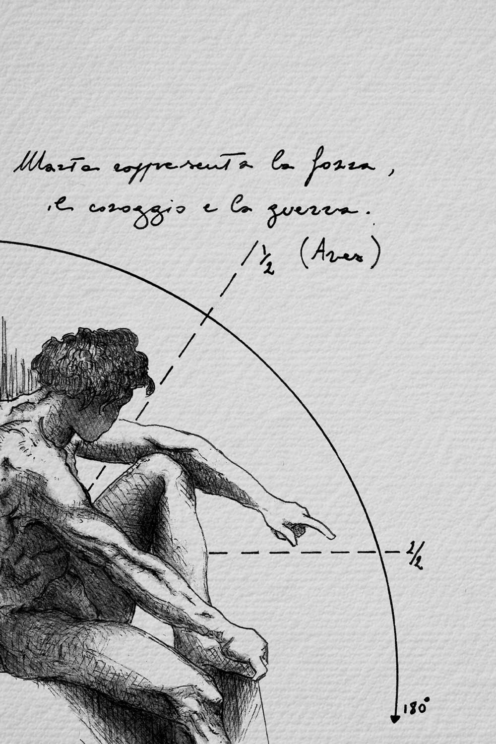 Ares ink detail - anatomical hatching and calligraphic text on white paper | Lorenzo Caia