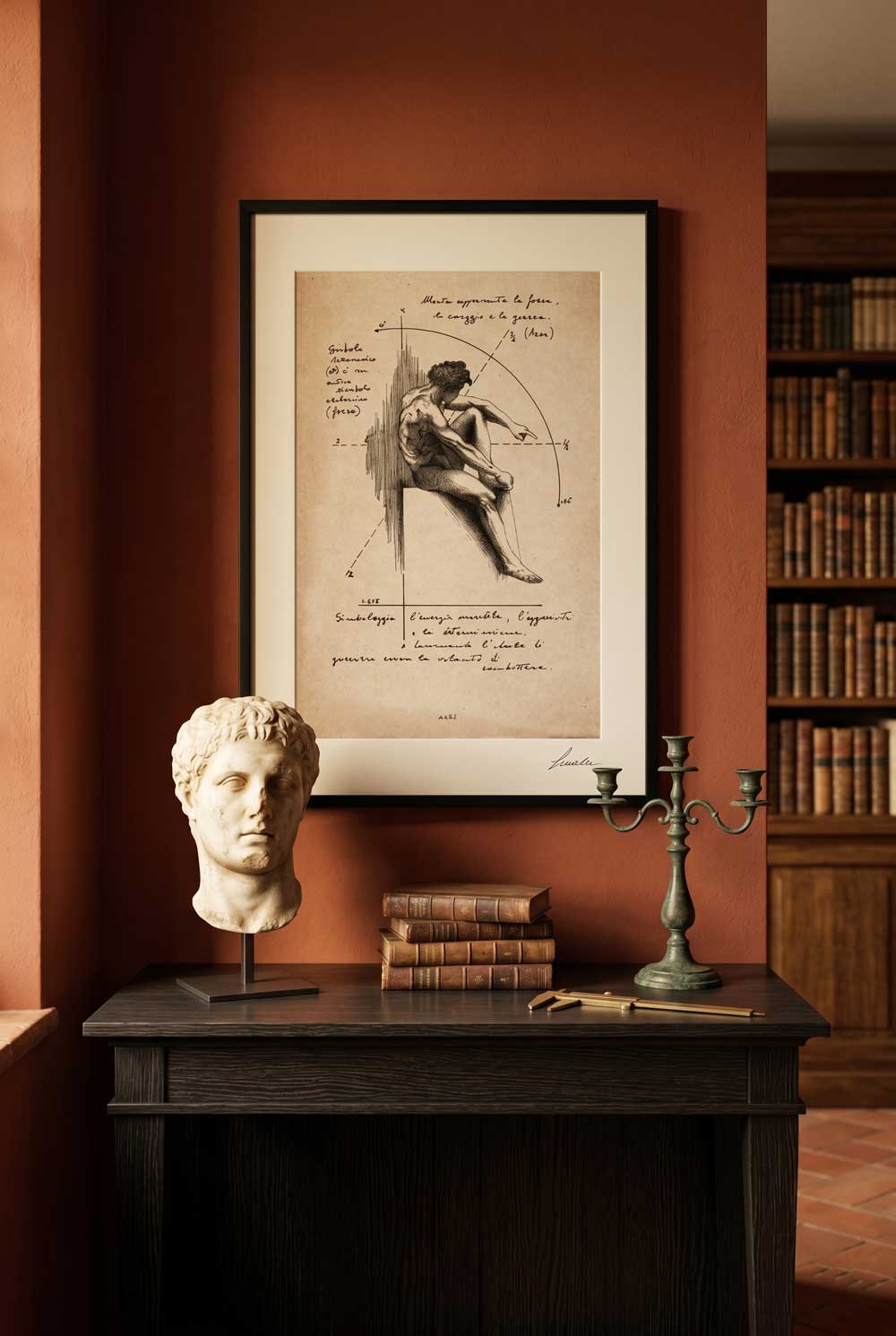 Framed Ares print on a desk with marble bust and antique books - fine art wall art | Lorenzo Caia