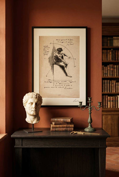 Framed Ares print on a desk with marble bust and antique books - fine art wall art | Lorenzo Caia