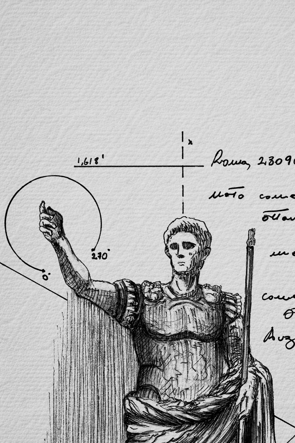 Ink detail Augustus - clean line work drawing on white paper, Roman emperor portrait | Lorenzo Caia