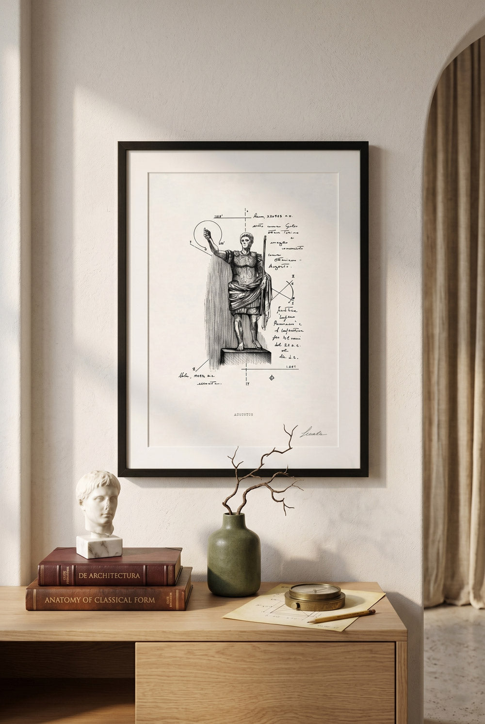 Framed print Augustus in a modern living room above a cabinet - fine art wall art | Lorenzo Caia
