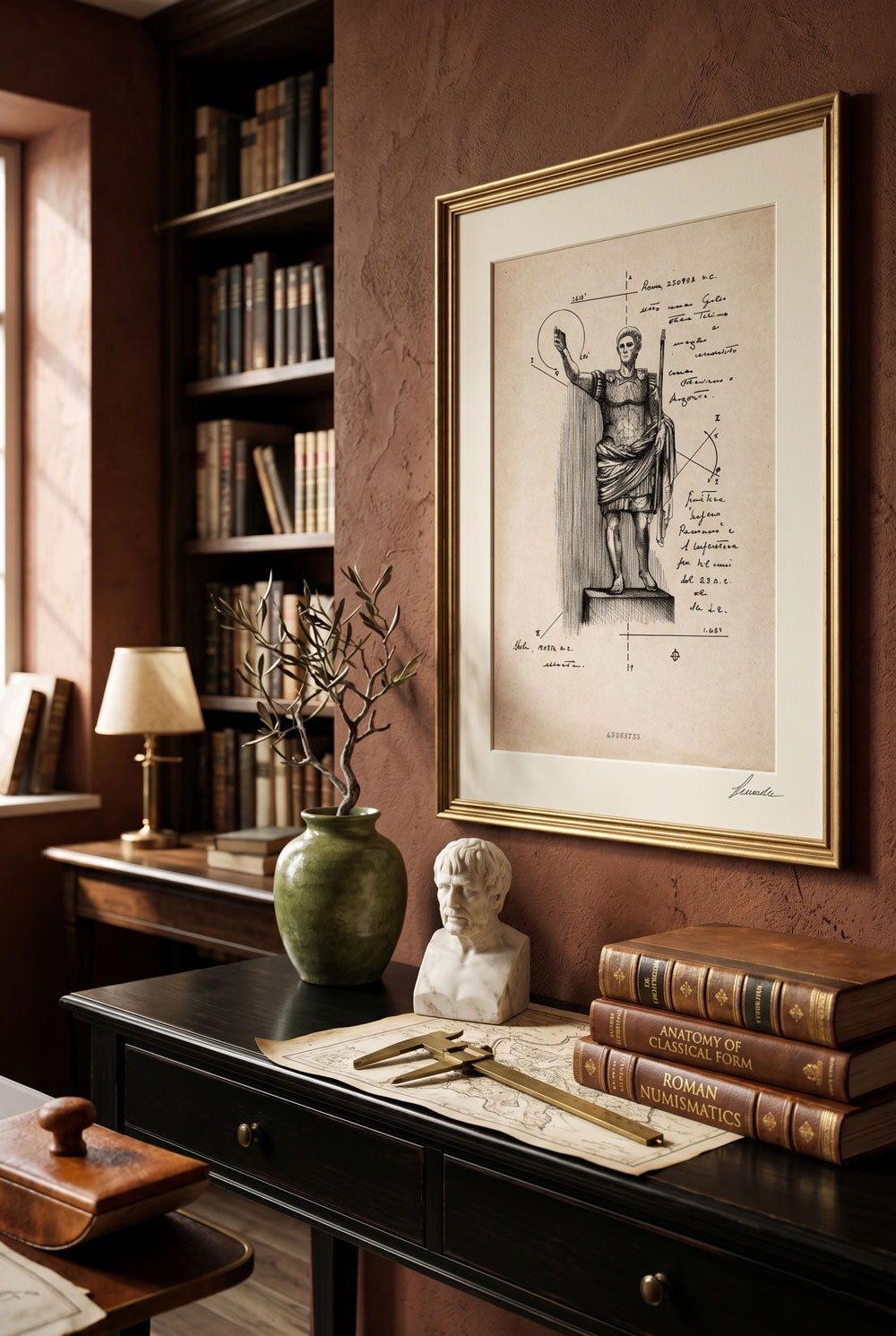 Framed print Augustus in a classic study room with a wooden desk - fine art wall art | Lorenzo Caia