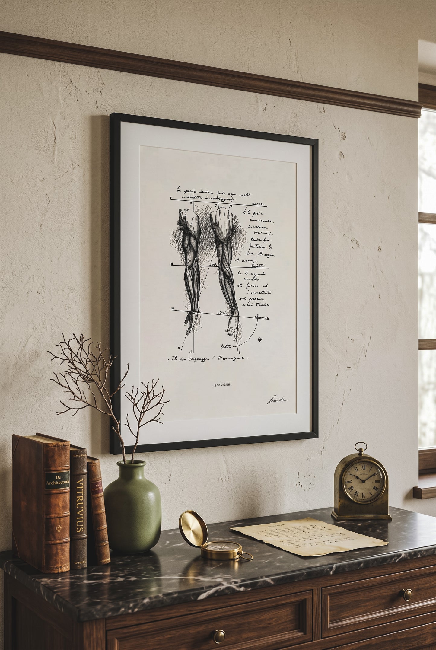 Framed print Brachium on wall above classic marble console with vintage items - fine art wall art | Lorenzo Caia