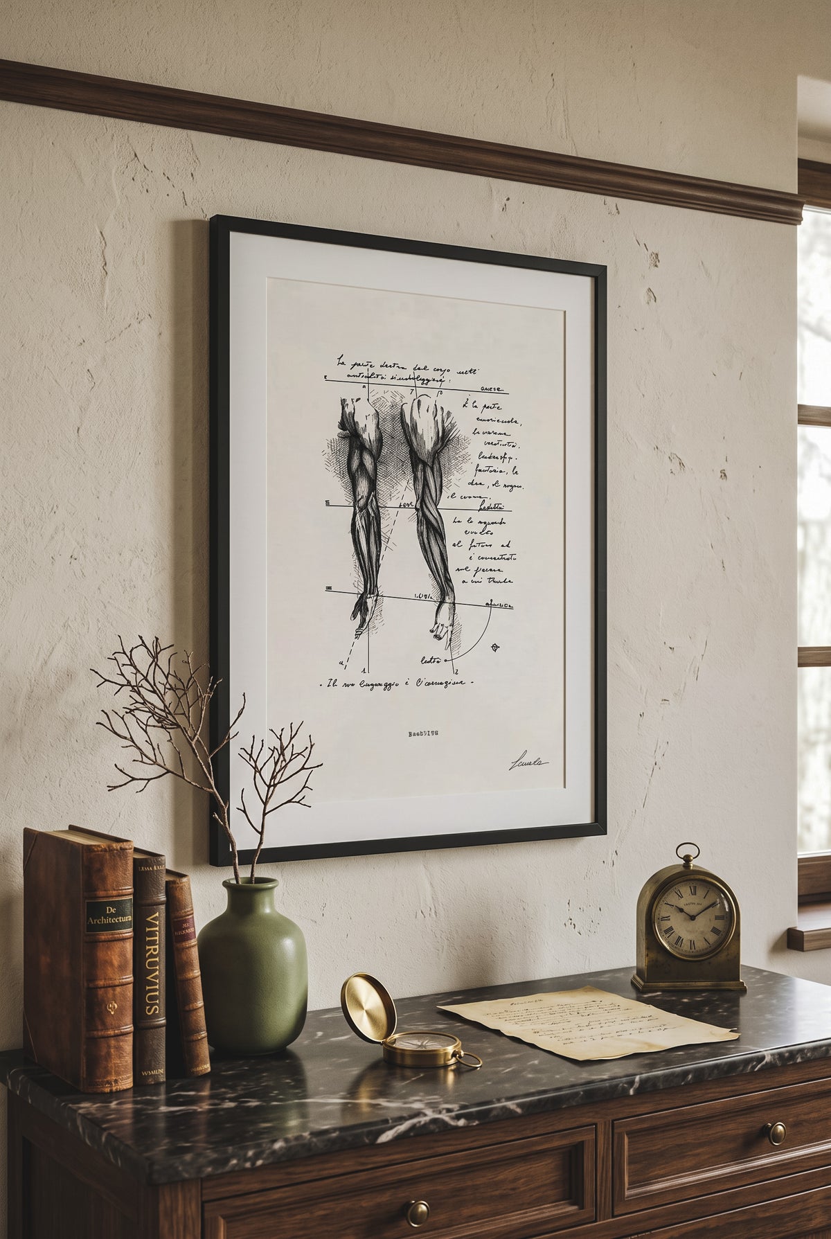 Framed print Brachium on wall above classic marble console with vintage items - fine art wall art | Lorenzo Caia
