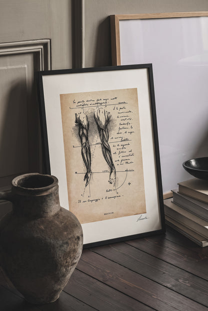 Framed print Brachium leaning on wooden console with ceramic vase and books - fine art wall art | Lorenzo Caia