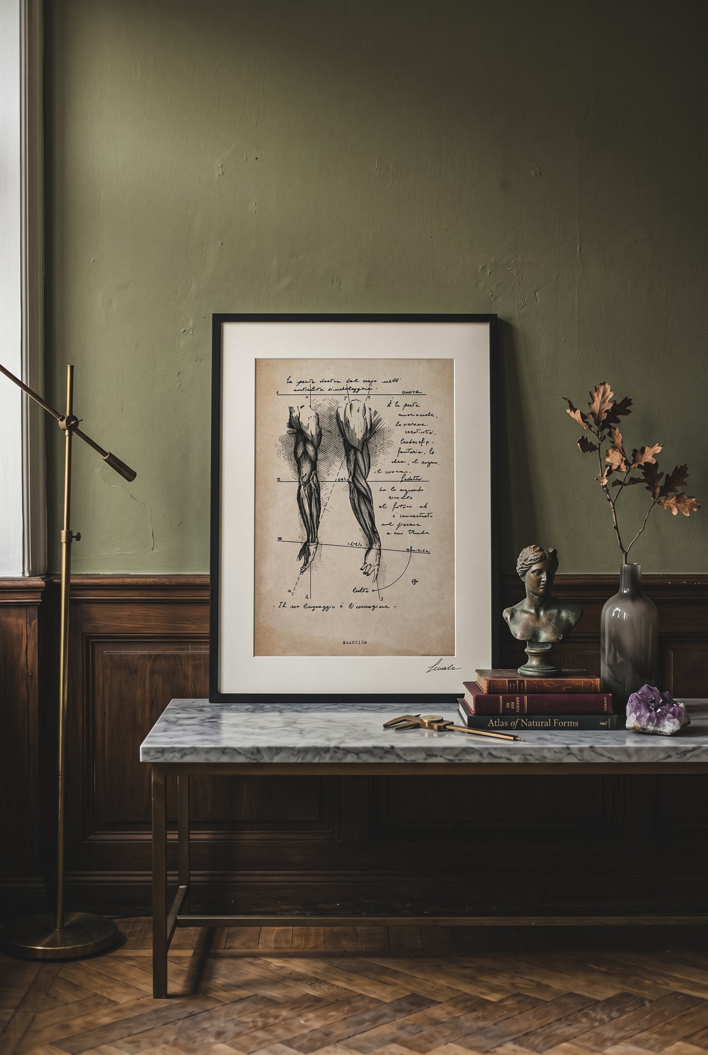 Framed print Brachium on marble table against green wall with classic bust - fine art wall art | Lorenzo Caia