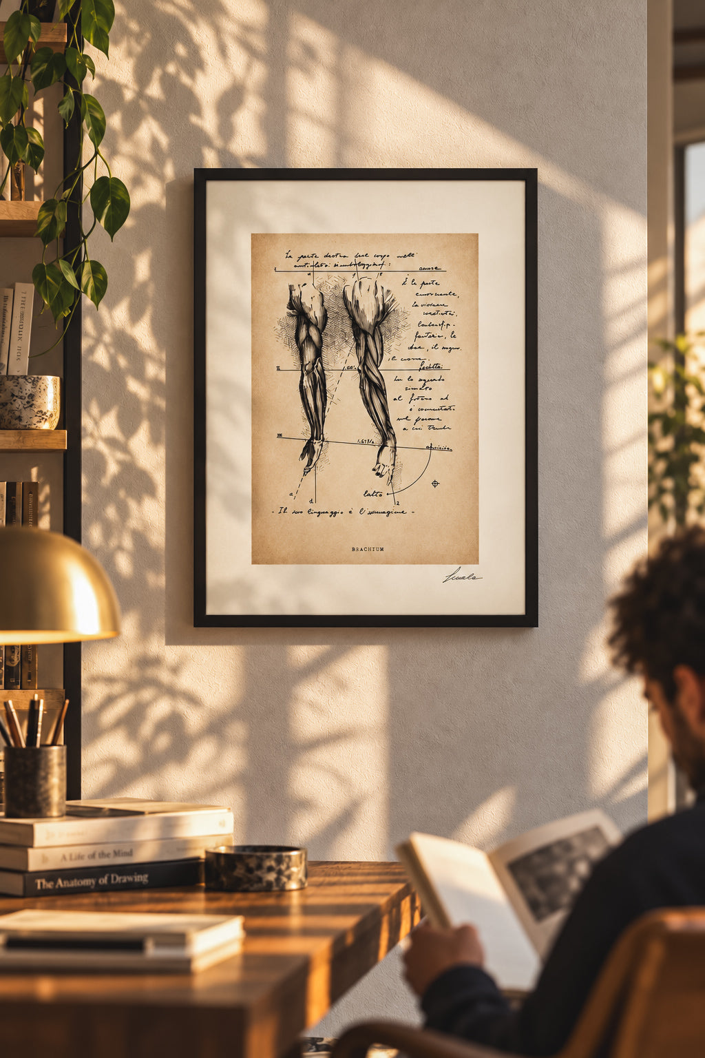 Brachium con fondo avoriato in uno studio caldo e luminoso, con libri, piante e una persona seduta a leggere.
