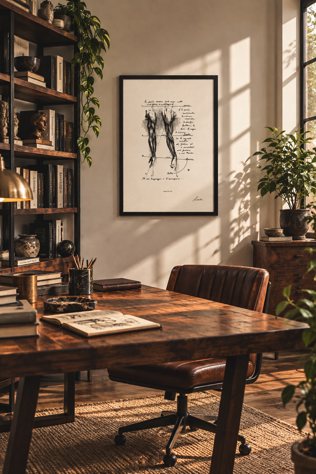 Brachium, stampa anatomica a inchiostro incorniciata sopra una scrivania in uno studio caldo con libreria e luce naturale.