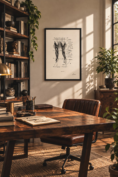 Brachium, stampa anatomica a inchiostro incorniciata sopra una scrivania in uno studio caldo con libreria e luce naturale.
