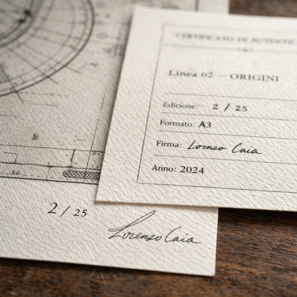 Dettaglio del certificato di autenticità con firma a mano e numerazione dell’opera, a garanzia dell’edizione limitata delle stampe fine art.