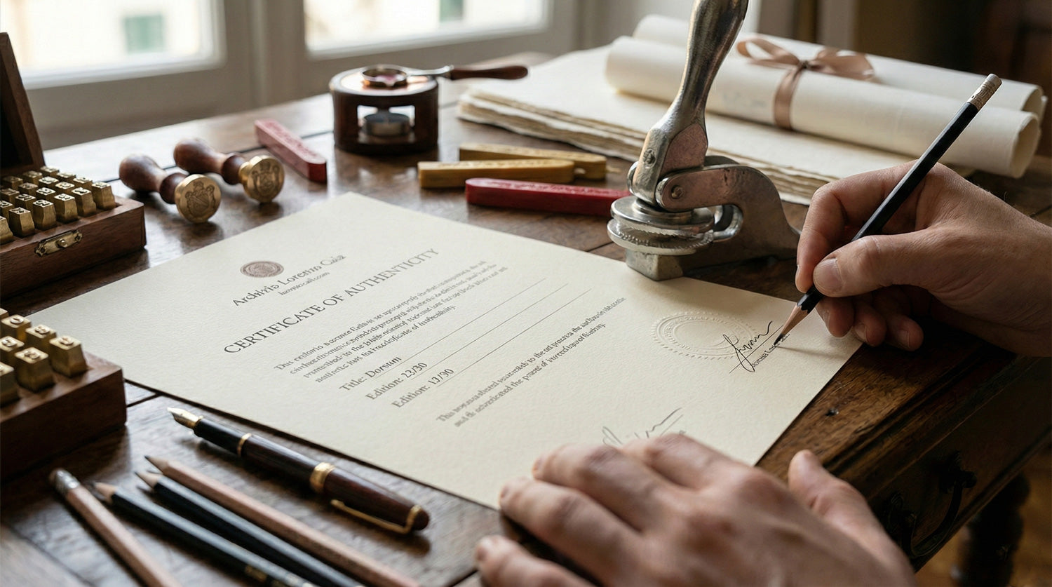 Dettaglio della compilazione a mano del Certificato di Autenticità (COA) per le stampe d'arte in edizione limitata dell'Archivio Lorenzo Caia. Visibili la firma autografa a matita, il timbro a secco su carta pregiata e strumenti d'epoca come ceralacca, a garanzia del valore collezionistico e dell'esclusività dell'opera.