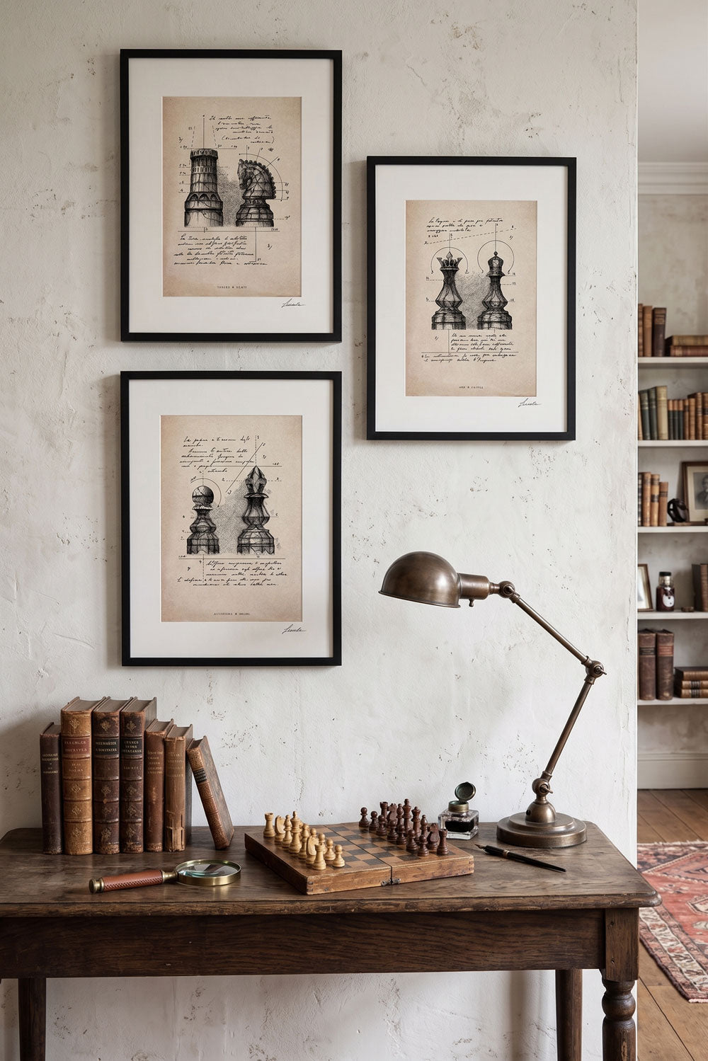 Framed print Chess Trilogy in a vintage study room above a wooden writing desk - fine art wall art | Lorenzo Caia