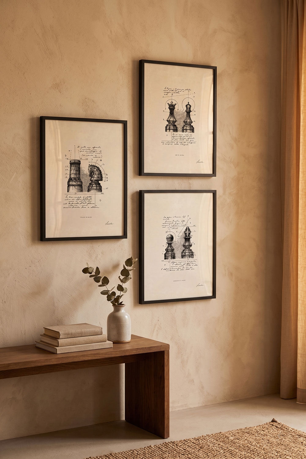 Framed print Chess Trilogy in a warm minimalist interior above a wooden bench - fine art wall art | Lorenzo Caia
