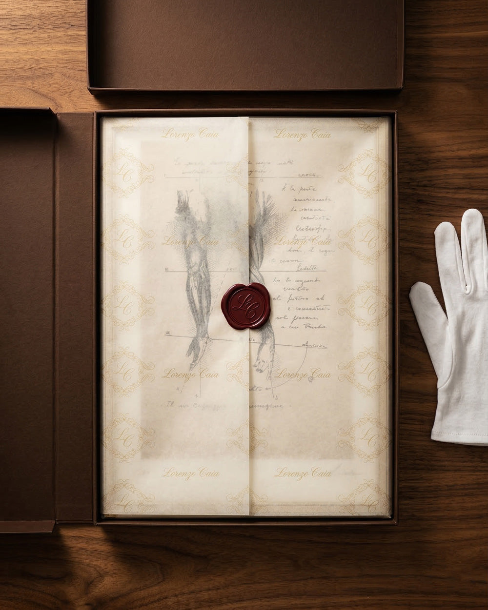 Confezione esclusiva dell'opera Brachium di Lorenzo Caia con sigillo in ceralacca, velina personalizzata e guanti bianchi da collezione.