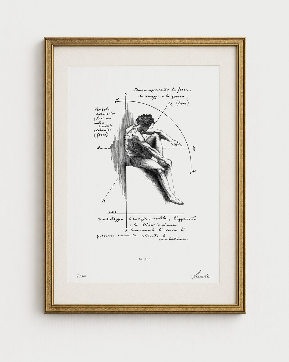 Edizione standard della stampa fine art "Cronos" su carta bianca naturale. Illustrazione a china del dio del tempo della mitologia classica, con annotazioni e diagrammi geometrici. Incorniciata in oro, firmata e numerata 1/20 da Lorenzo Caia.